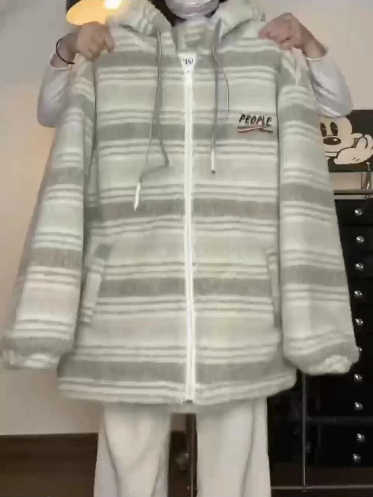 

Women's Thiened Fce Hooded Cotton Jaet Winter Warm Coat Lamb Velvet Lined Stripe Patterned Casual Korean Sle Long Sl...