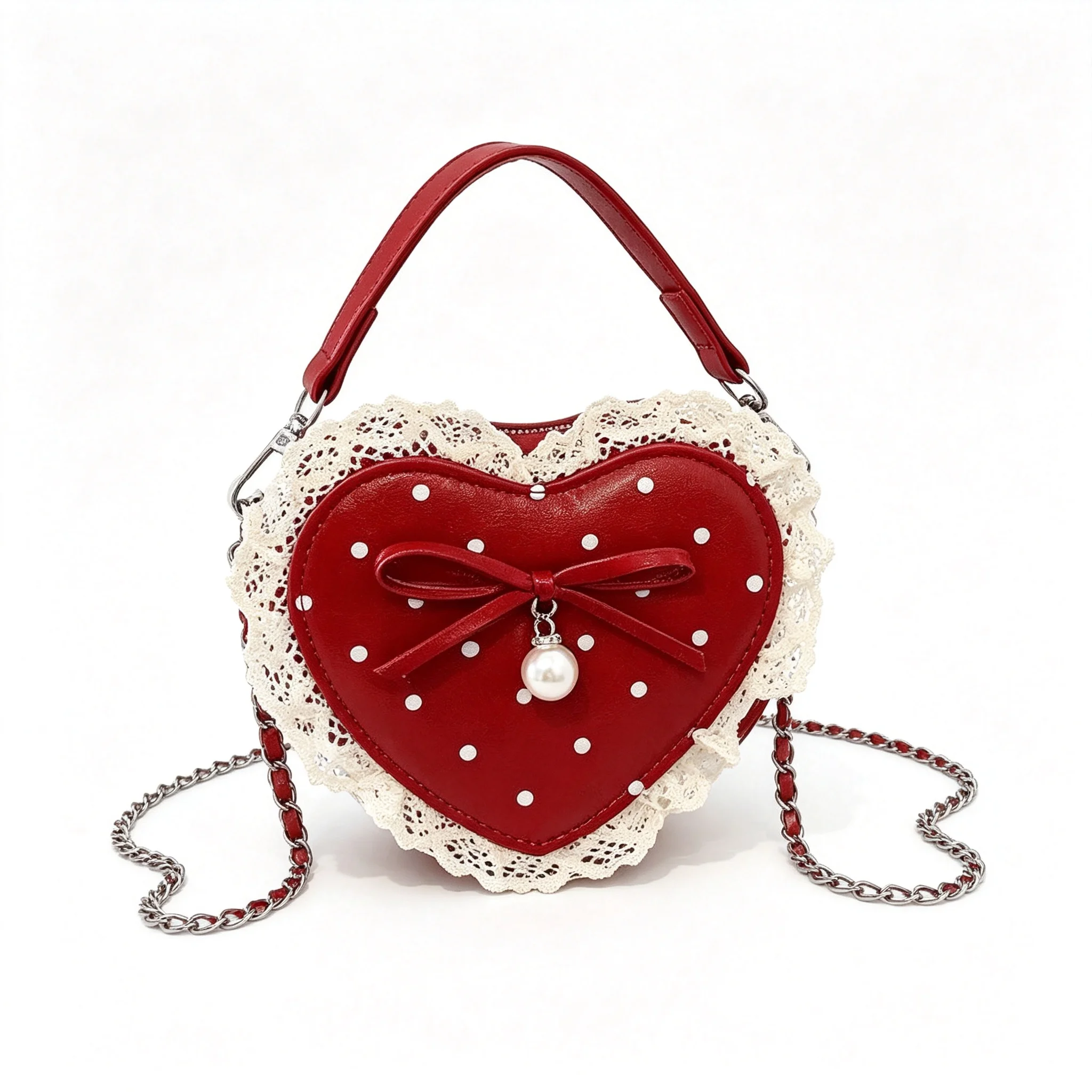 Pink Sliver Red White Cute Heart Shape Mini Crossbody Bag Lace Bow Pearl Polka Dot PU Leather Chain Shoulder Purse For Girls