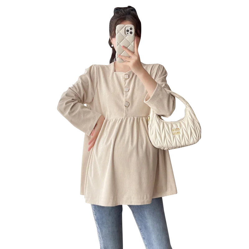 

2024 Autumn New Maternity Pregnant Women's Korean Fashion Square Neck Corduroy Small Fragrant Style Doll Shirt Pregnancy Blouses