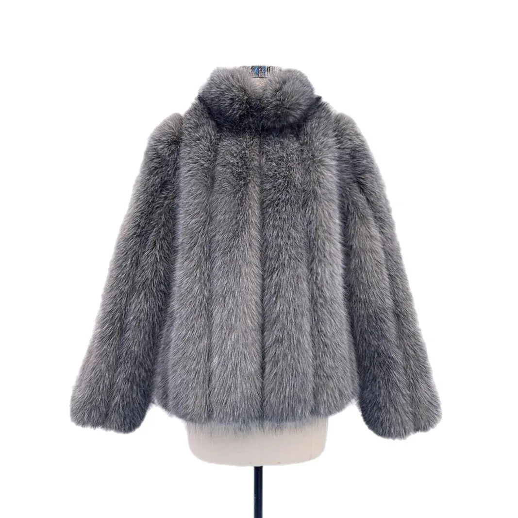 KIDCRKJ, abrigo de piel Artificial de invierno para mujer, chaqueta de piel sintética gris con cuello esponjoso para mujer, prendas de vestir cortas de piel ecológica de estilo holgado para mujer