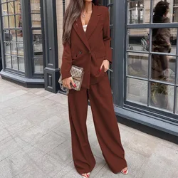 BAMBOOBOY Fashion Solid Blazer Suit and Wide Leg Pants Two 2 Piece Set for Women Autumn Winter Office Ladies Street Outfit