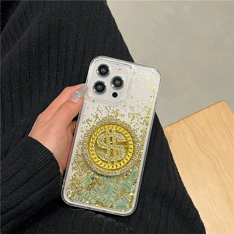 

US dollar wealth Hand Spinner USD Phone Case for iPhone 11 12 13 14 15 Pro Max Plus X XS XR Liquid Quicksand spinning top Cover