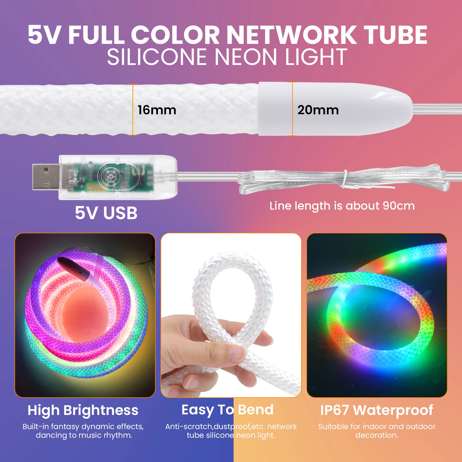 5V USB RGBIC Neon Rope Light 5M IP67 Round Reticulate Pattern Neon LED Strip with Bluetooth App and Remote For DIY Neon Lighting