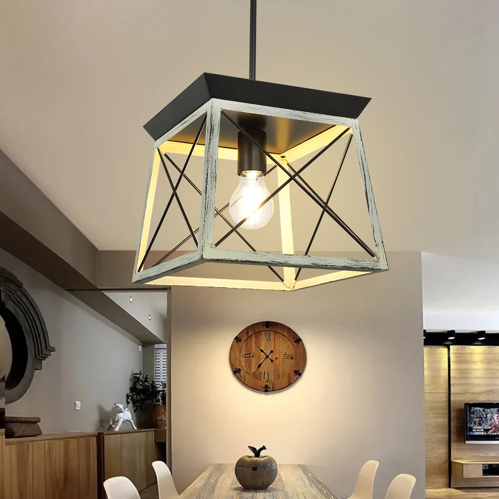 

Depuley Rustic Square Pendant Light Fixture Black Metal Hanging Light with Adjustable Chain for Kitchen Dining Room Hallway E26