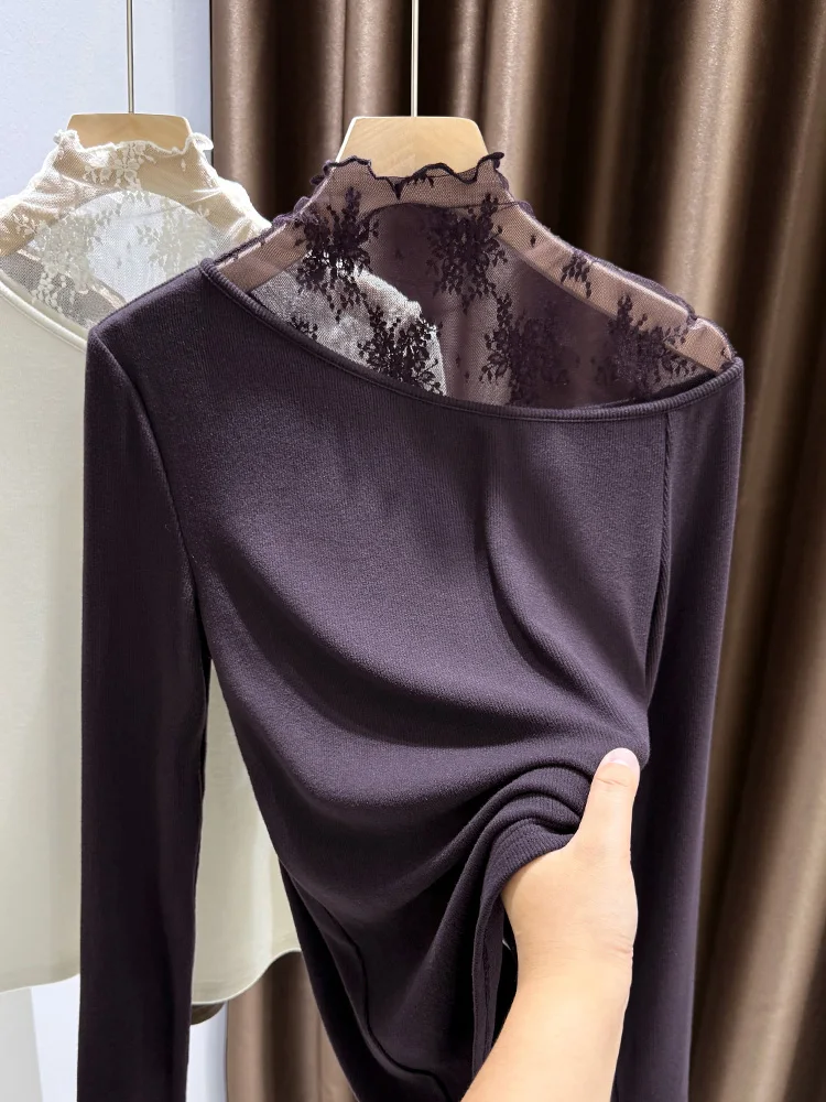 

Ele Purple Lace Splice Fce Knitted f High Collar Base irt Women Autumn Winter Layering Inner Wear Top Soft Long S...