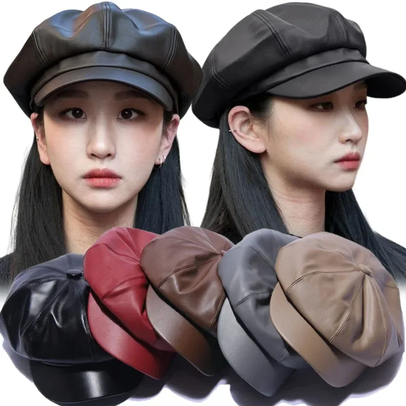 PU Leather French Hats for Men Women Winter Warm Leather  Cap Female Korean Retro Octagonal Artist Painter Cabbie Beret