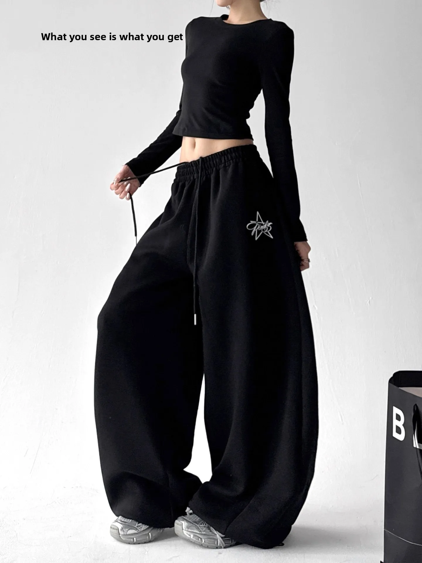 

Elegant Embroidered Casual Sports Pants for Women Loose Wide Leg Comfortable High Waist Breathable Autumn Winter New Arrival
