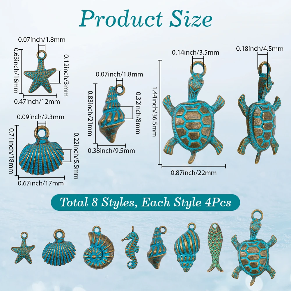 1 Box 32Pcs 8Styles Conch Shell Charm Seahorse Charms Bulk Metal Bronze Turquoise Ocean Animal Starfish Fish Sea Turtle Pendants
