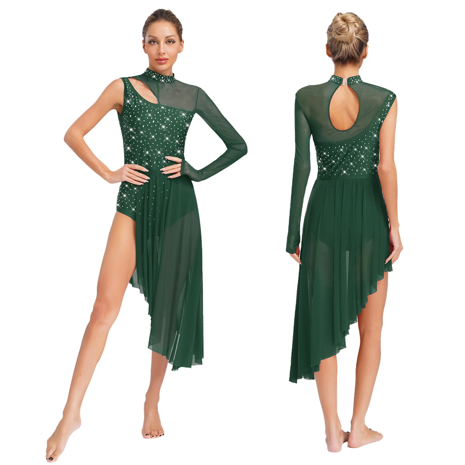 

Women Modern Contemporary Lyrical Dance Costume Mock Neck Mesh Patchwork Rhinestones Side Split Dress Leotards Skating Dancewear