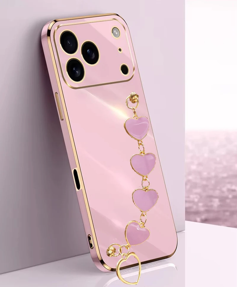 Fashion Plating Love Heart Bracelet Chain Phone Case For iPhone 17 Air 16 16E 15 14 Plus 13 12 Mini 11 Pro Max Back Cover