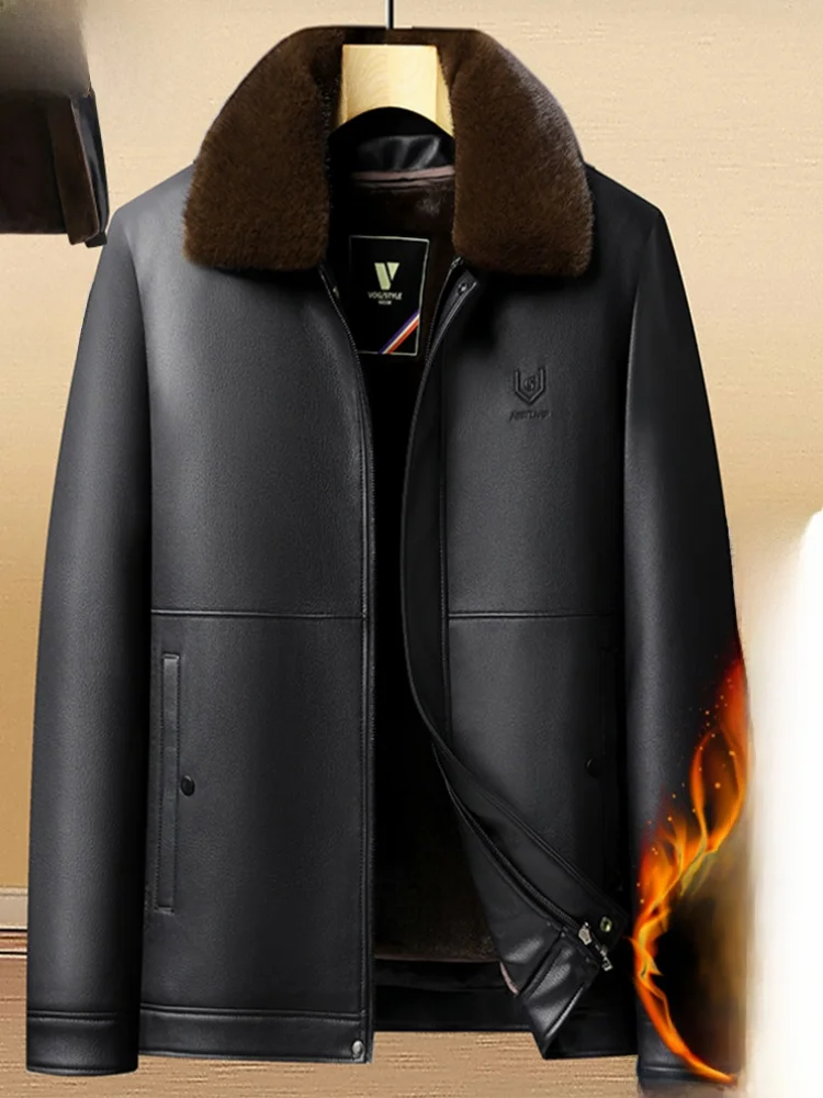 

Мужская кожаная куртка с воротником из искусственного меха, съемная теплая подкладка, повседневный стиль, из искусственной кожи, для мужчин