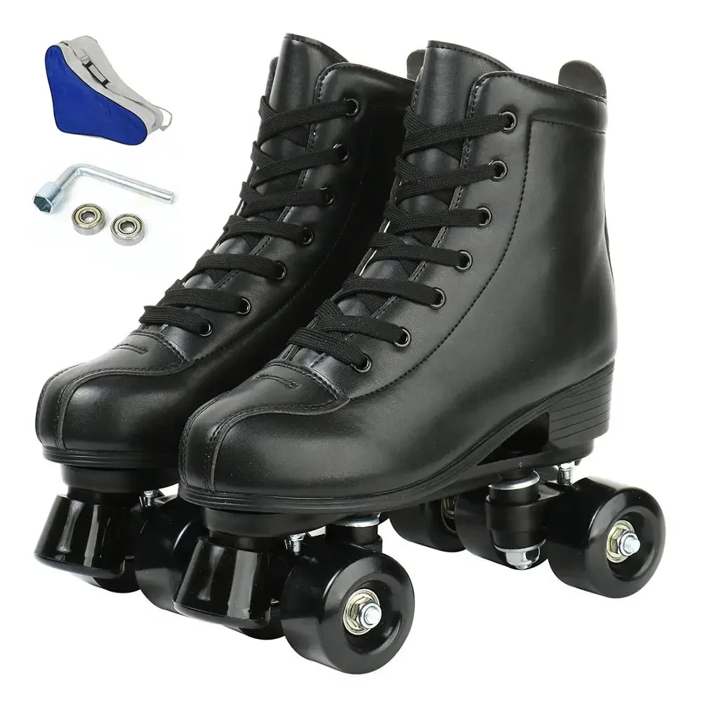 Adult PU Leather Roller Skates Skating Shoes, Quad Skates Sneakers, Europe Size, 4 Wheels Flash