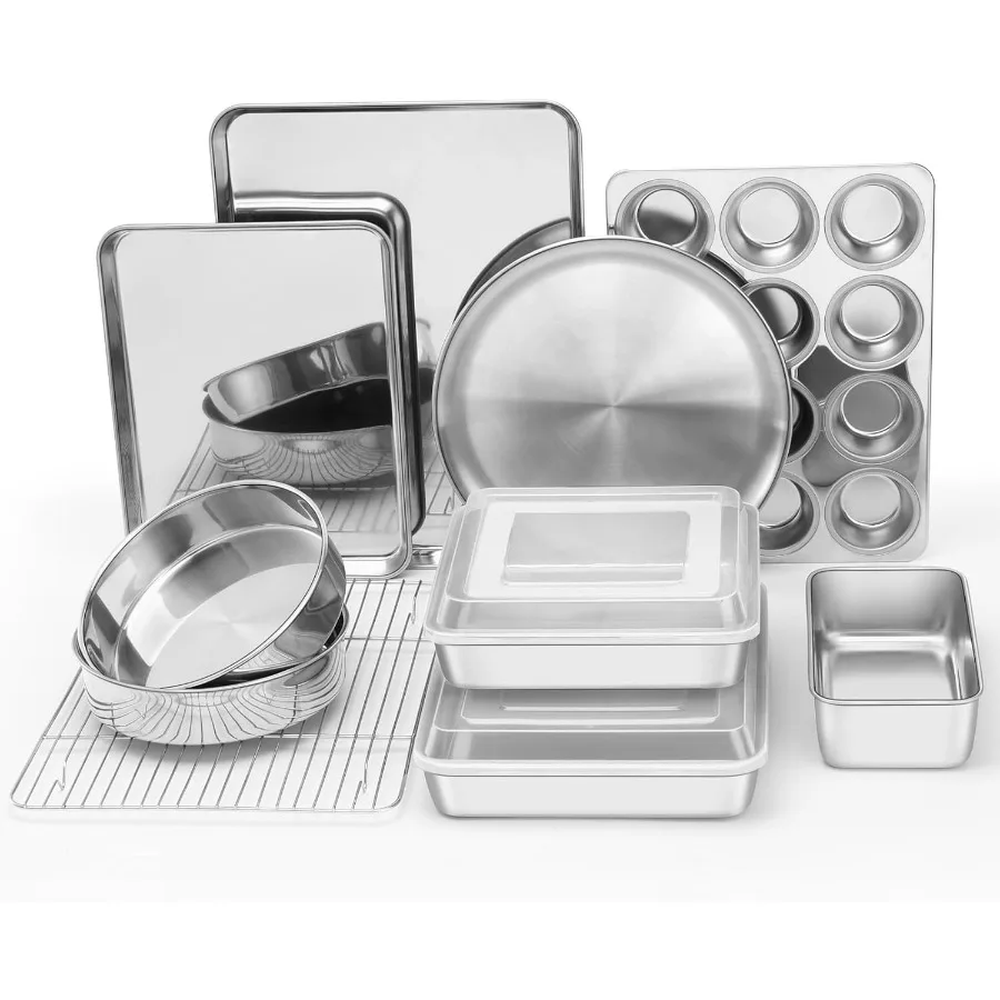 

12-Piece Bakeware Sets, Stainless Steel Baking Pan Set Includes Cookie Sheet, Round Square Rectangle Cake Pans with Lids, Multi-
