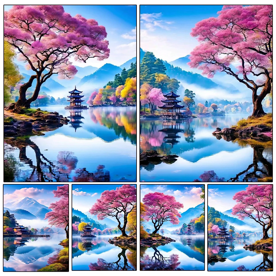 5D DIY Diamond Painting Landscape Mosaic Landscape Mountains and SeasSakura Tree Cross Embroidery Home Wall Art Decoration