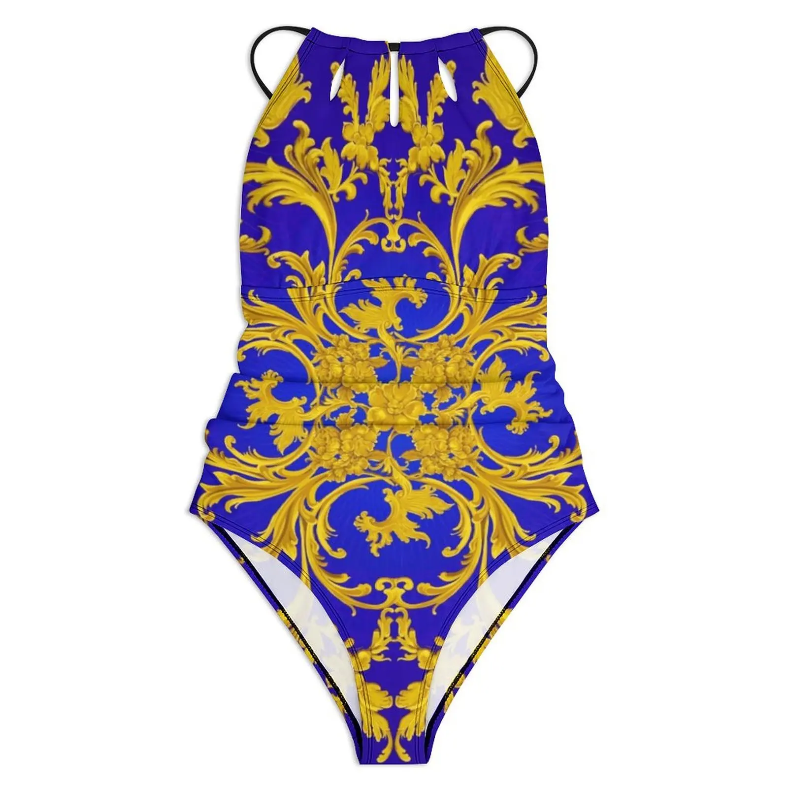 Baroque Floral Swimsuit Sexy Blue and Gold Female Swimwear One Piece Trend Swimsuits Sport Push Up High Cut Monokini