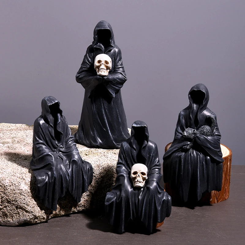 Black Faceless Mysterious Reaper Statue Halloween Black Robed Night Walker Gothic Sitting Resin Craft Ornament Desktop Decor