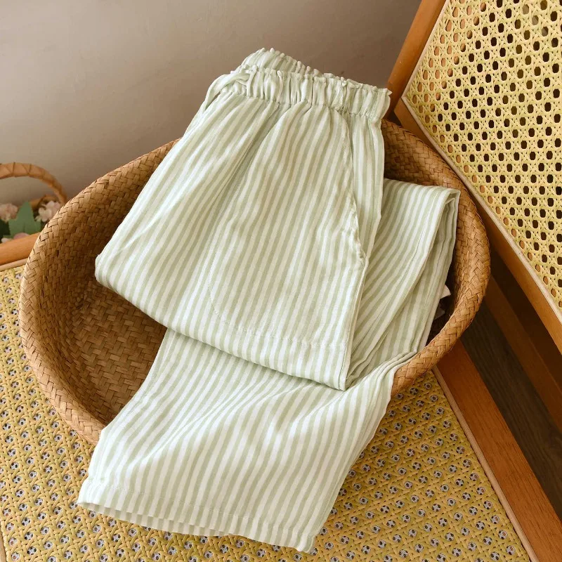 2026 neue Damen-Schlafhose für Frühling/Sommer, 100 % Baumwollgaze, gestreifte Leine, gestreift, lockere, dünne Heimhose