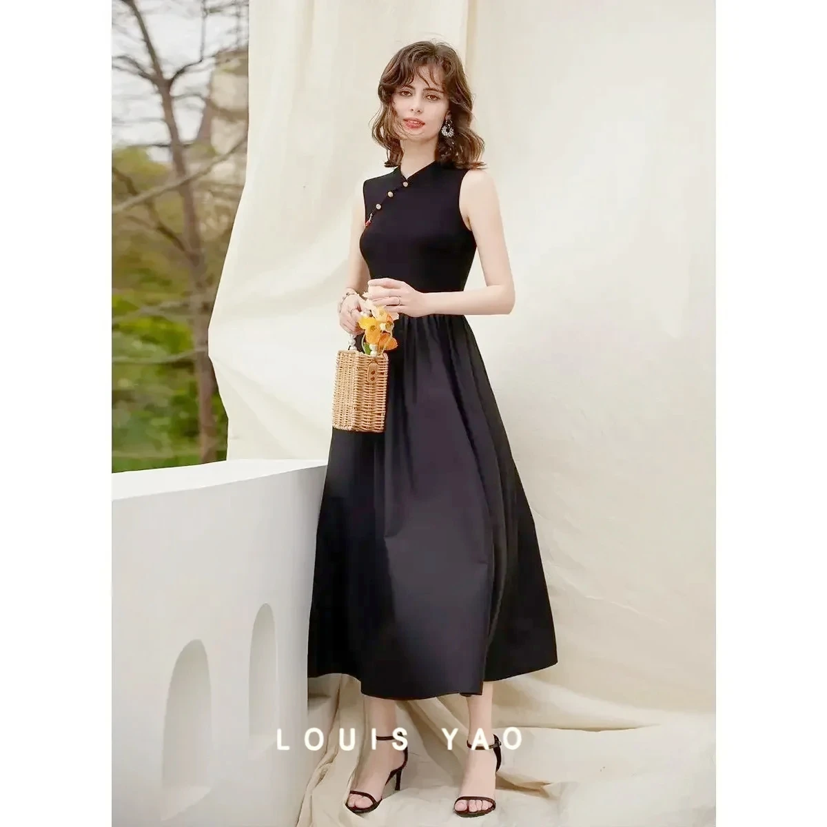 

Standing Collar Sleeveless Long Dress Design Sense Splicing Women Dress Decoration Pendant Button Women Skirt Female Clothing