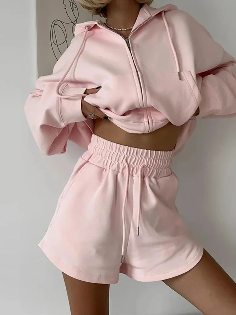 

2026Fashion Women's Hoodie Shorts Pants Long Sleeve Pocket Lace Up Short Pants Lady Set