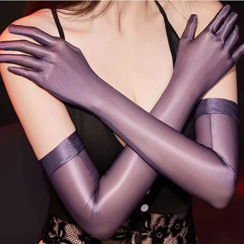 Anti-slip Glossy Silky Gloves Long Gloves Mittens Sexy Ultra Thin Oil Shiny Silky Transparent Party Glove Women Erotic Accessory