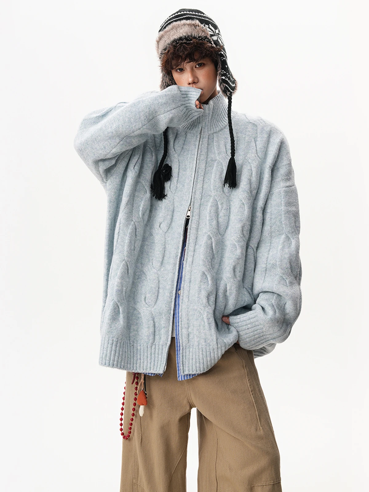 Spring and Autumn American Style Men's Blue and Dark Gray Cable Knit Cardigan Couple Loose Black and Beige Crew Neck Sweater