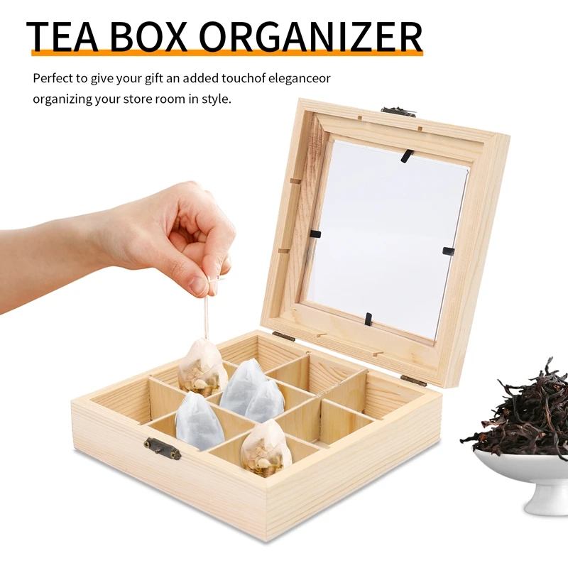 Wooden Tea Bag Jewelry Organizer Chest Storage Box 9 Compartments Tea Box Organizer Wood Sugar Packet Container