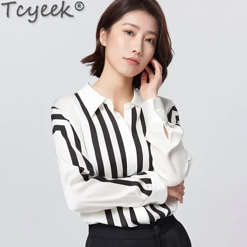 Tcyeek 93% Mulberry Slik Blouse Women Tops Striped Shirts for Women Elegant Long Sleeve 23mm Real Silk Shirts Blouses Top Mujer