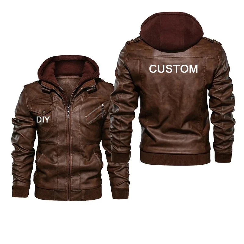 Men Loose Casual Zipper High Quality Handmade PU Cotton Coat Diy Custom Logo Autumn Winter New Popular Hooded Leather Jacket