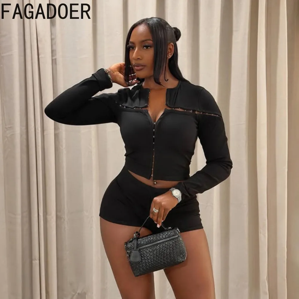 FAGADOER Y2K Streetwear Black Shorts 2 Piece Outfits Sexy Hollow Out Metal Hook Long Sleeves Crop Top and Bodycon Shorts Suits