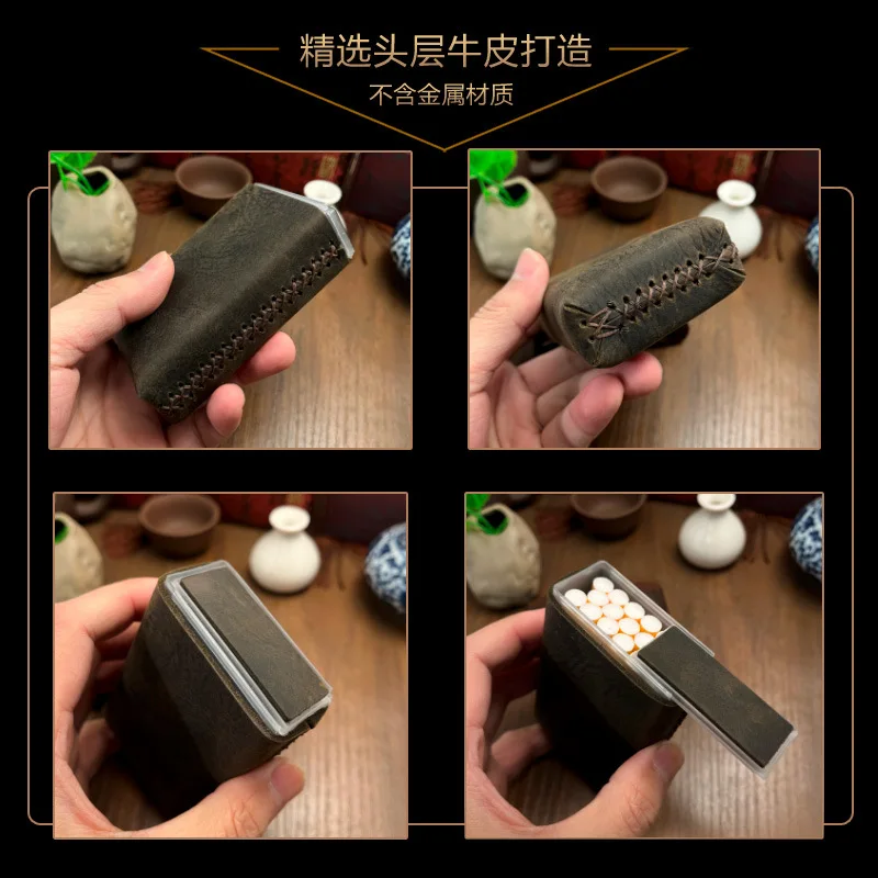 Hand-stitched Cowhide Leather Cigarette Box For 20 Classic Men\'s Retro Crazy Horseskin Creative Gift Anti-pressure Protective Sh