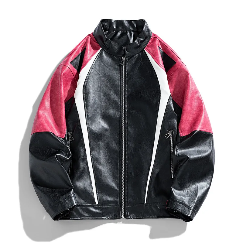 Men's Patched Leather Biker Jaket Fashion PU Motor Racing Coat Motorcycle Outerwear For Male Multi Color Patchwork