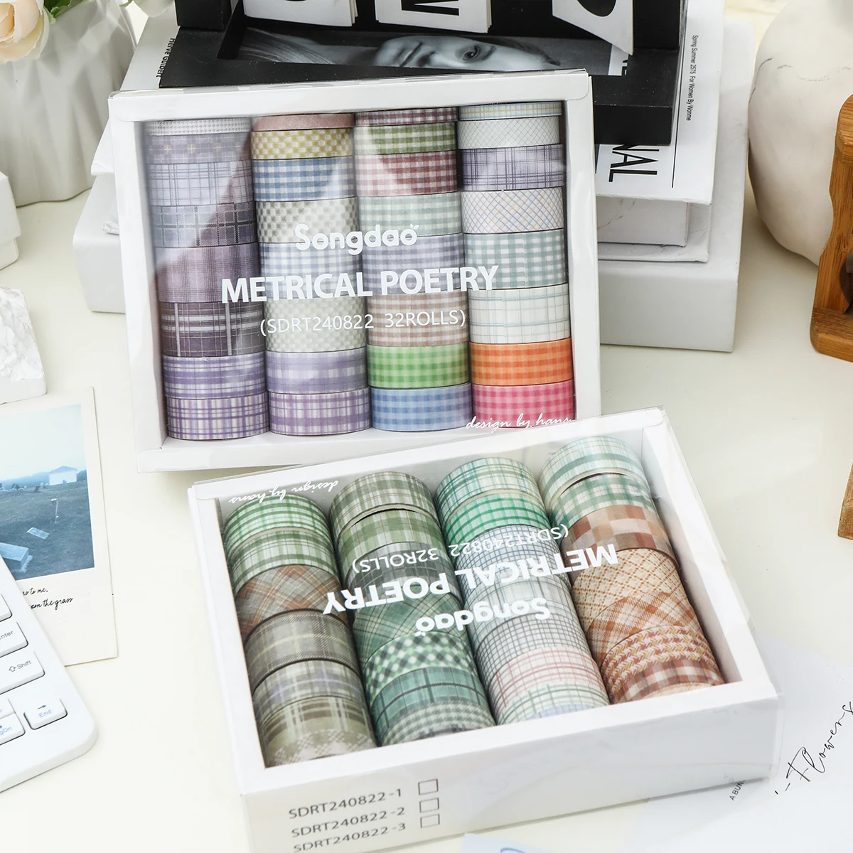 32 لفة/صندوق من شريط اشي منقوش ملون، مجموعة متنوعة من الشريط الزخرفي المنقوش ومواد تزيين الكتب، هدايا للأصدقاء