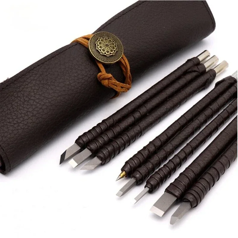 8pcs Tungsten Steel Carving Knife Set Seal Stone Graver Lettering Engraving Tool with Leather Handle+ Leather Bag