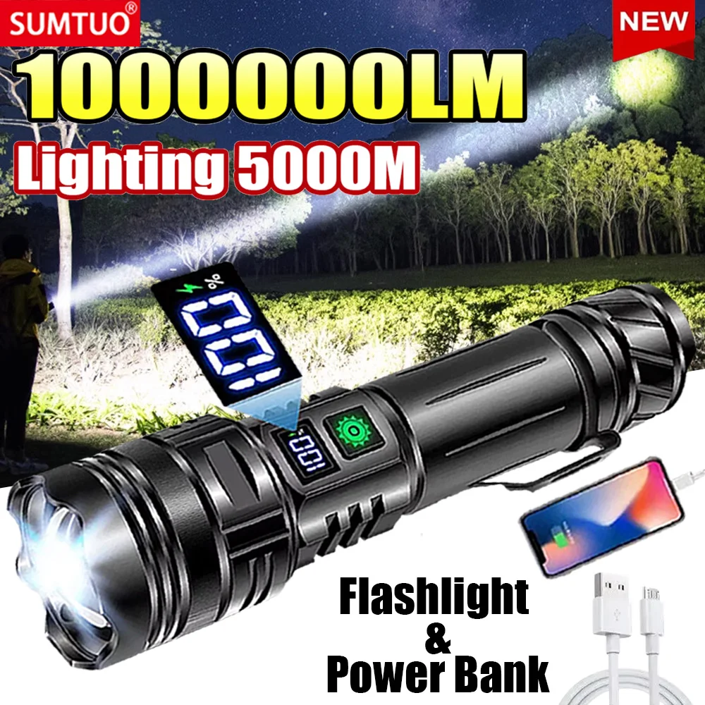 2024 Most Powerful Flashlight Super Bright Rechargeable Led Torch 1000000LM Long Range Tactical Flashlights Zoom Camping Lantren