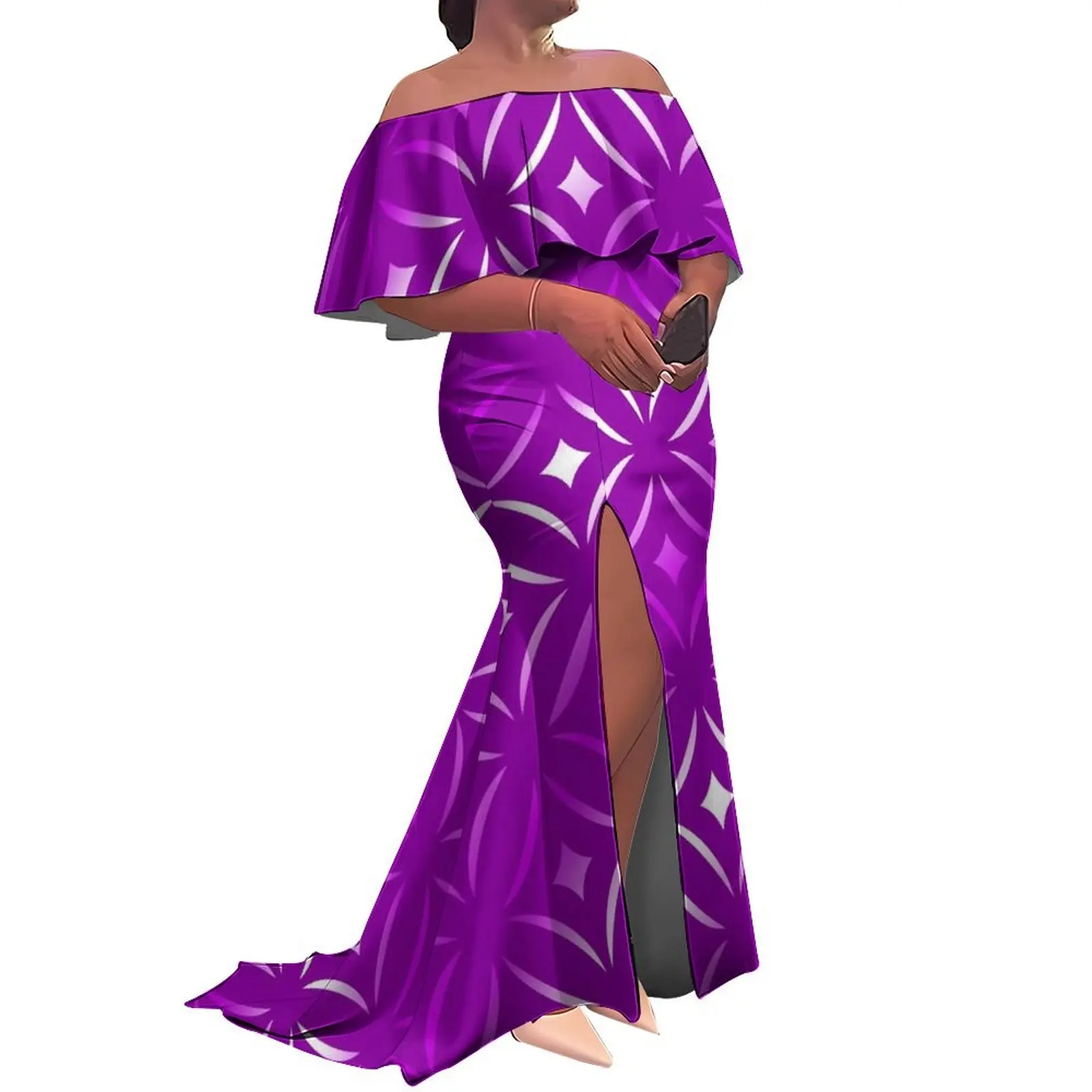 Steuerfreies, hochwertiges, individuell bedrucktes, plissiertes langes Kleid mit Schlitz, polynesisches Tribal-Damenkleid mit Rüschen, schulterfrei, Fischschwanzkleid