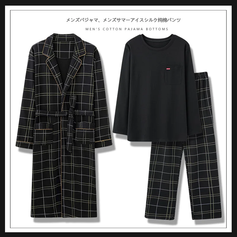 Cotton Pajama Set for Men with Long Sleeve Nightgown and Bathrobe for Home and Outdoor Wear