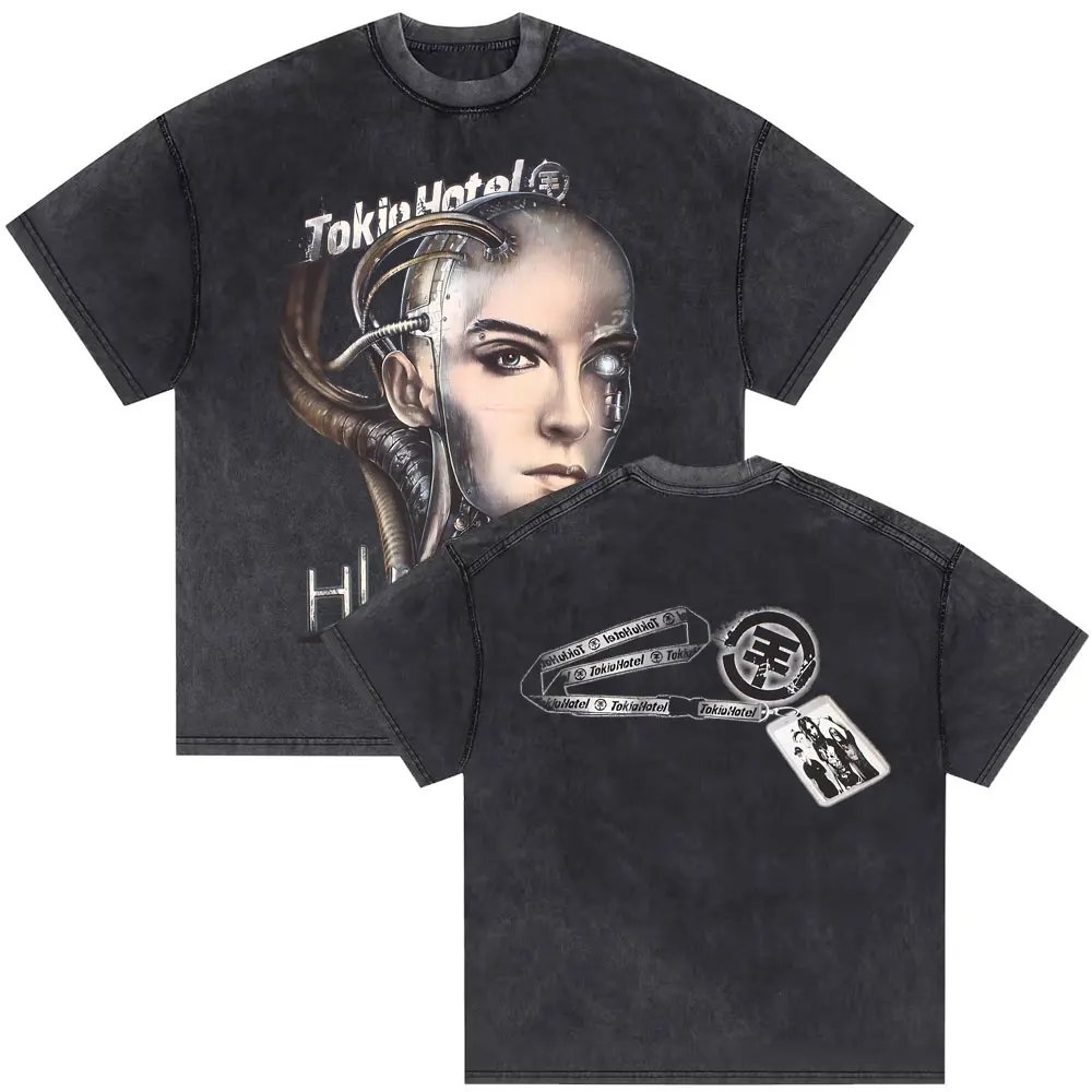 Washed Vintage German Rock Band Tokio Hotel Humanoid Music Graphic T-shirt Men Hip Hop Punk Gothic Tshirt Oversized Short Sleeve