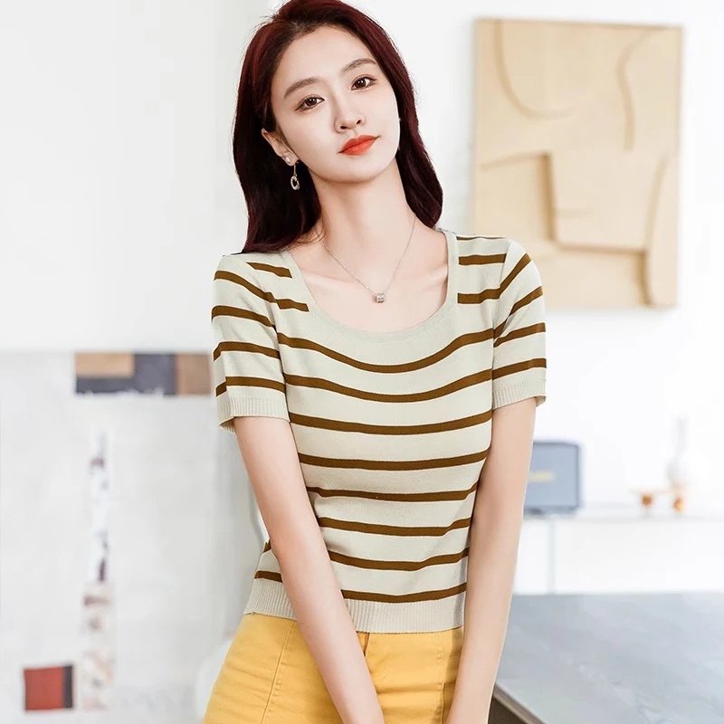 신상품 여성 여름 대비 컬러 스트라이프 티셔츠 패션 오넥 반팔 코튼 티셔츠 심플 캐주얼 루즈 티셔츠