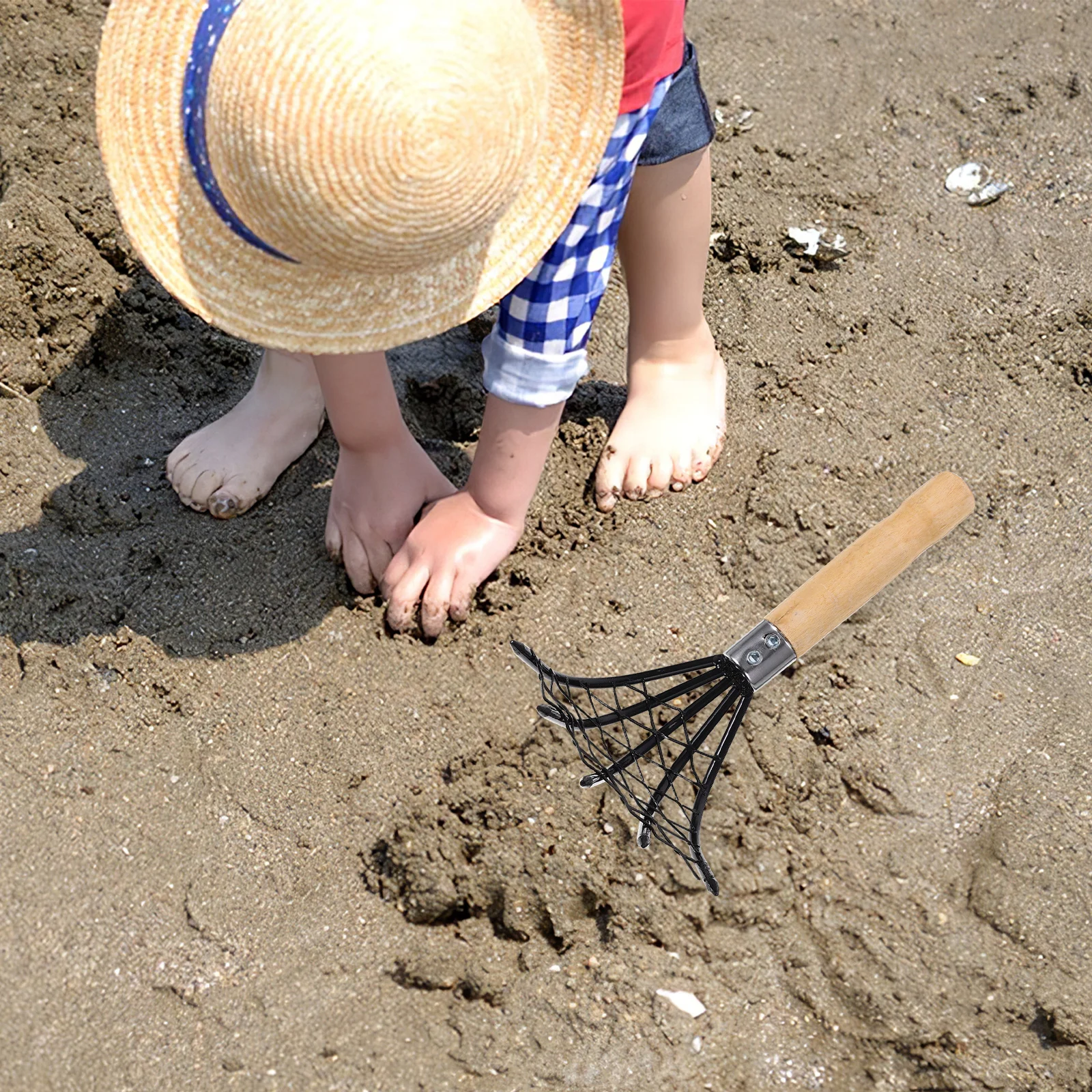 

1Pcs Stainless Steel Clam Rake Black Wooden Handle Anti-Skid Beach Digging Tool Seafood Dredge Net Oyster Claw Rake