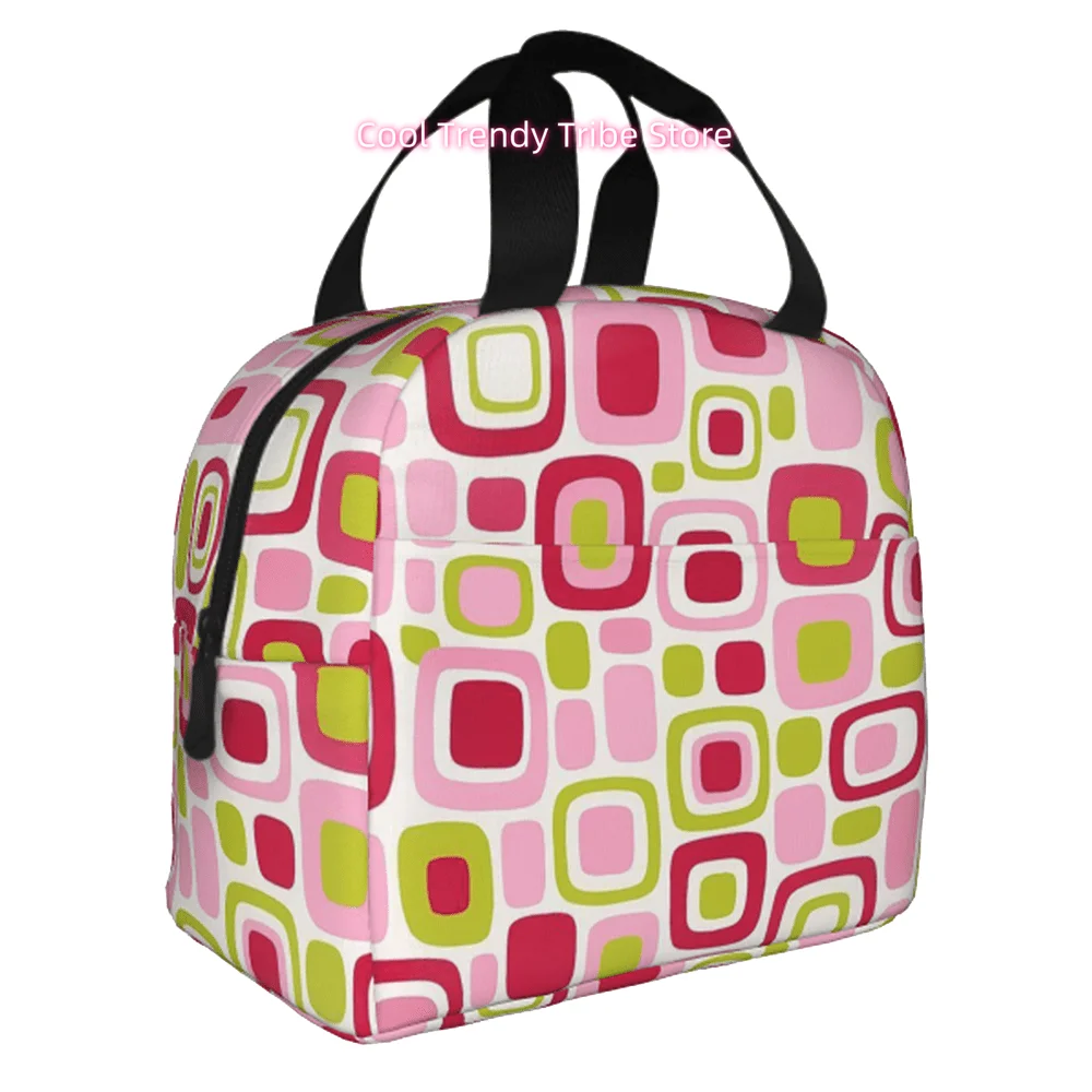 Thermal Insulated Lunch Box & Cooler Bag Compatible for - Retro Pink Green Oxford Cloth Leakproof Zipper Lunch Carrier Suitable