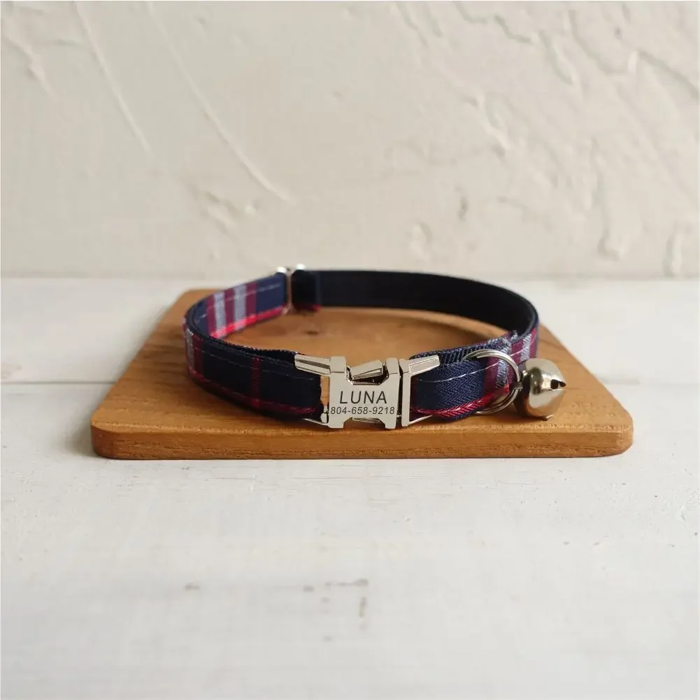 Personalized Cat Collar with Bell, Customized Nameplate, Adjustable ID Metal Buckle, Purple Plaid Cat Collars with Bell