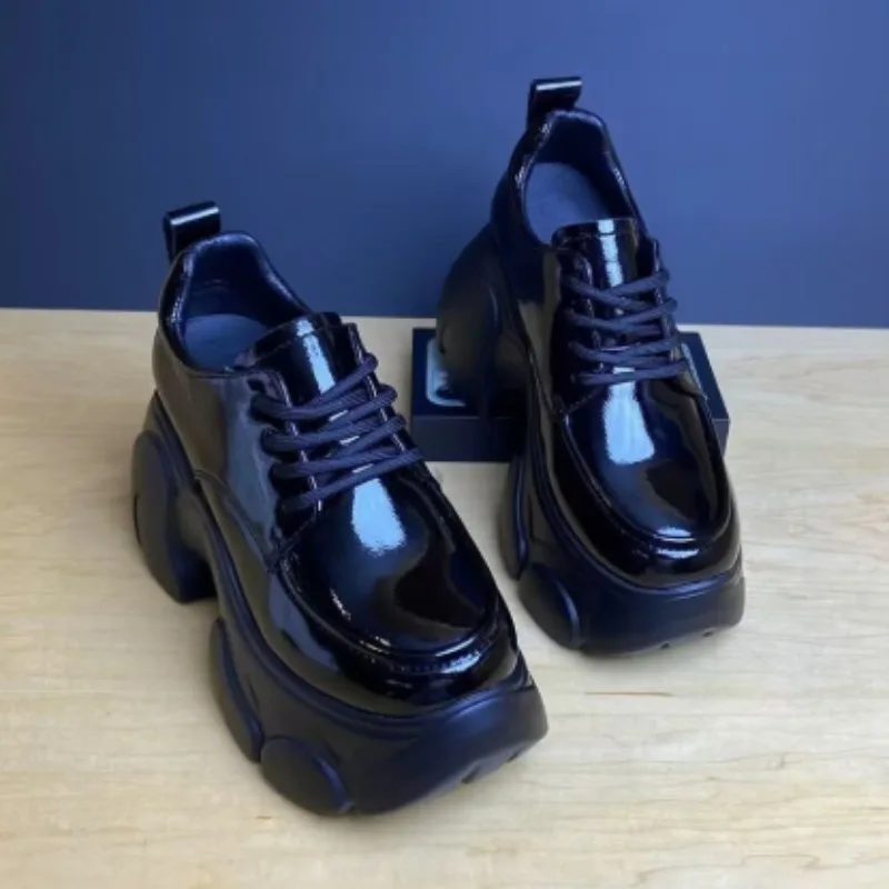 Fashion Women Patent Leather ChunkyPlatformOxford Shoes Lace‑up ThickSole HeightBoost Non‑Slip Street Style Daily Casual Footwea