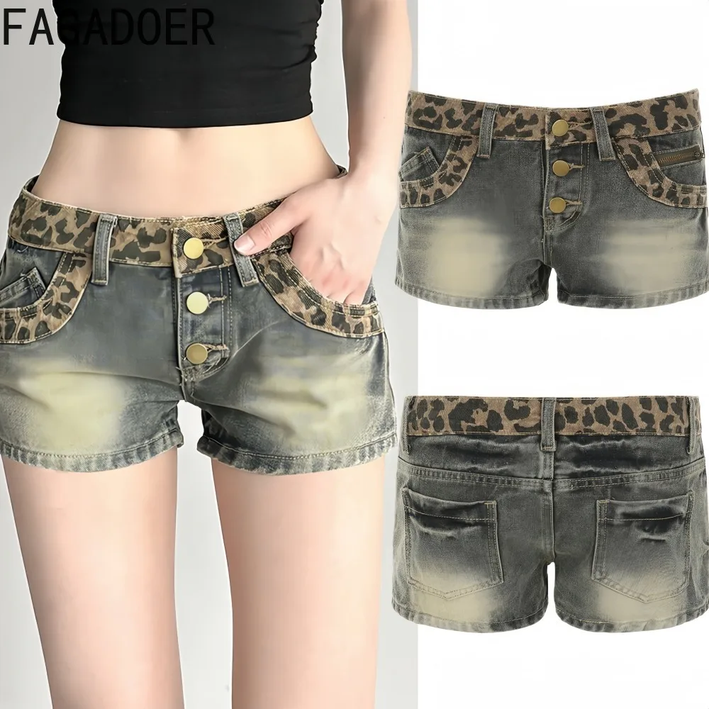 

FAGADOER Y2k Sexy Leopard Print Bodycon Denim Shorts Women Wash Low-rise American Style Shorts Female Streetwear Bottoms New