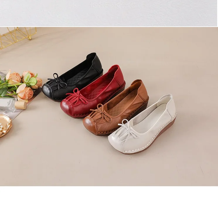 Neue Vintage-Pumps mit plissierter Schleife, Damen-Keilabsatzschuhe, flache Schuhe aus echtem Leder, handgefertigte Slip-On-Loafer für Damen, Retro-Hochzeitsschuhe in Rot. – Detail 20