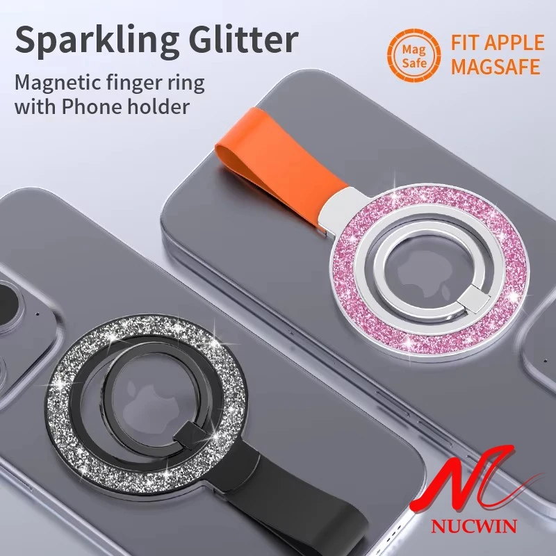 N NUCWIN Magnetic Magsafe Bracket for iPhone 16 14 15 12 13 Pro Max Plus Glitter Zinc Alloy Ring Kickstand Car Dask Phone Holder