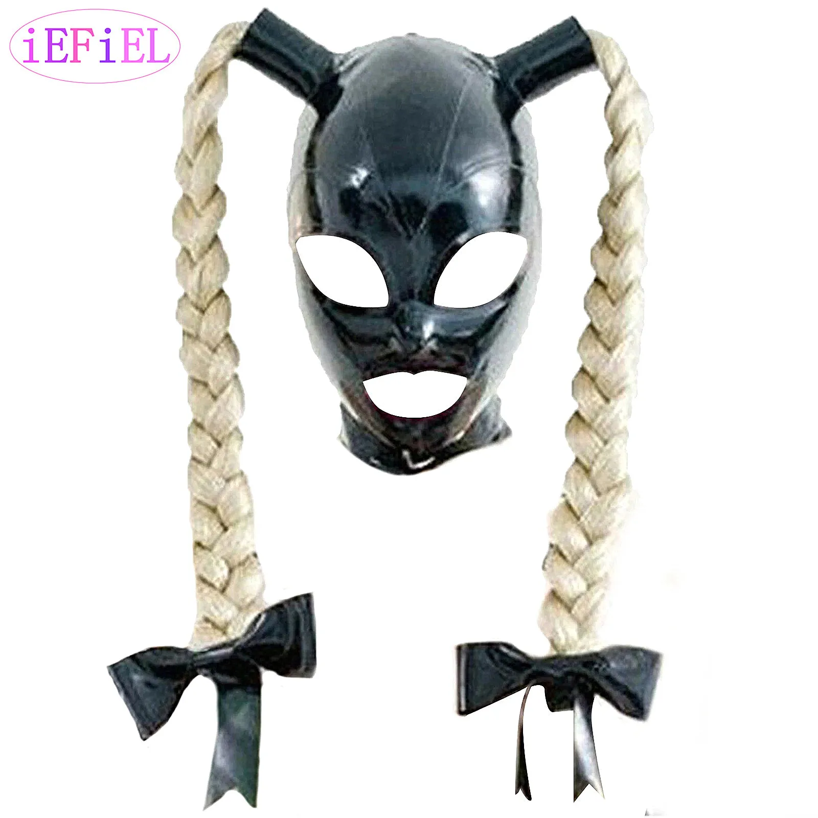 

Adult Unisex Latex Hood Mask Open Eyes Mouth Head Cover Face Cover with Braid Wig Bow for Party Night Club Role Play