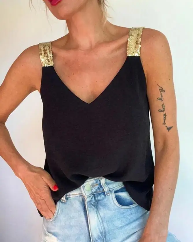 

V-Neck Sequin Decor Thick Straps Tank Casual Backless Textured Tank Top