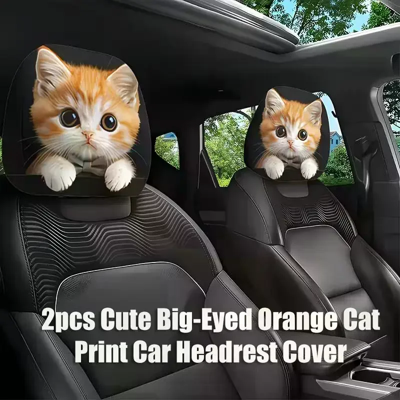 Universal Car Headrest Covers 2 Piece Set Cute Orange Cat Print Soft Breathable Protector for Car Interior Accessories