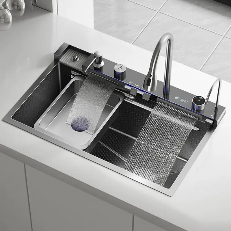 Handmade Square Stainless Steel Large Single Bowl Kitchen Sink Waterfall Digital Display Multifunction Dish Vegetable Washing