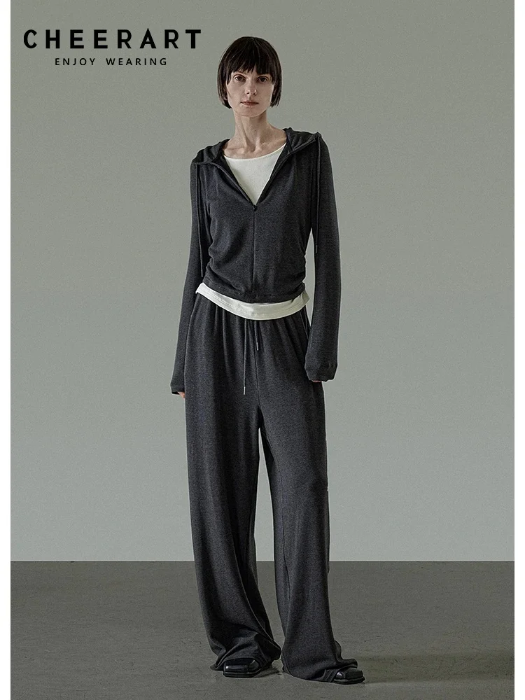 

CHEERART Tracksuits 2 Pieces Set For Woman Grey Sweatsuits Knitwear Hoodie And Sweatpants Set Knitted Tracksuit Fall Outfits